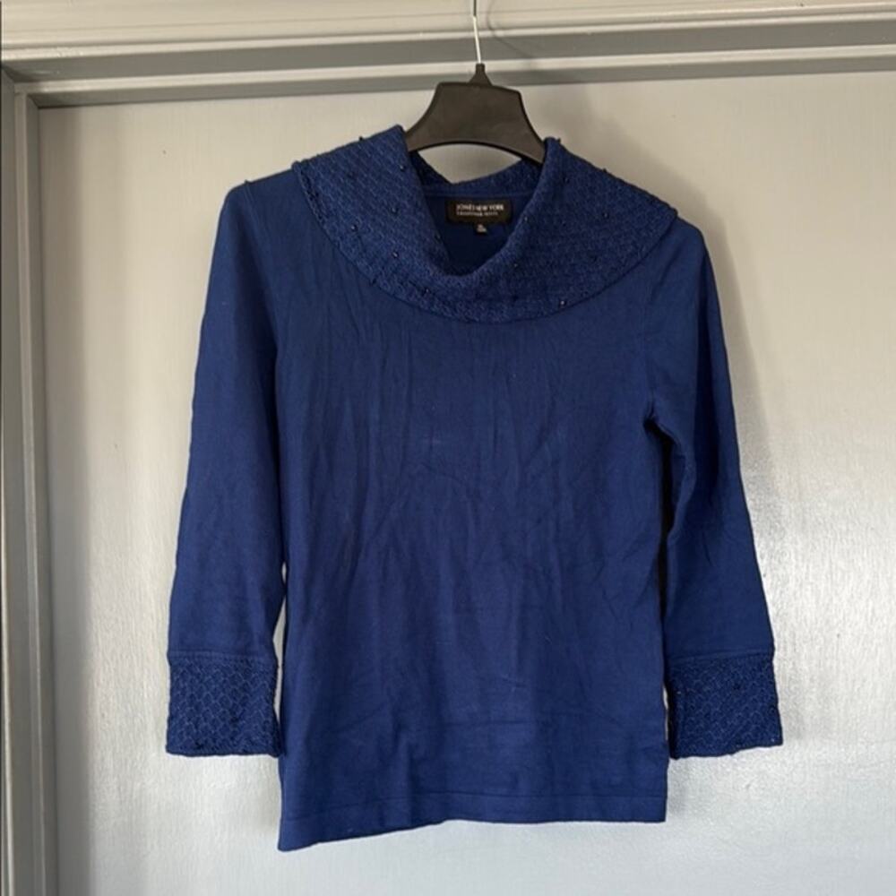 Jones New York Navy Blue Cowl Neck Beaded Women's Sweater Long Sleeve sz SP